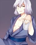  1boy bangs collarbone cup drinking_glass holding japanese_clothes jirou_(tamaho39) kimono looking_to_the_side open_clothes open_kimono red_eyes simple_background solo toono_shiki_(2) tsukihime white_hair 