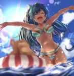  1girl :d ^_^ absurdres bikini black_hair breasts closed_eyes earrings fang ganaha_hibiki green_ribbon hair_ribbon hamster hamuzou highres idolmaster jewelry long_hair medium_breasts multicolored_bikini navel ocean open_mouth outstretched_arms partially_submerged plaster_(2501) ponytail ribbon smile solo striped striped_bikini swimsuit wet 