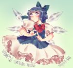  1girl blue_eyes blue_hair blush bow cirno english frills hair_bow ice ice_wings looking_at_viewer open_mouth orz_(kagewaka) short_hair solo touhou wings 