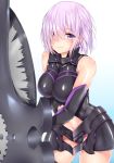  1girl armor bangs bare_shoulders blue_gk blush bodysuit breasts elbow_gloves fate/grand_order fate_(series) gloves hair_over_one_eye highres large_breasts looking_at_viewer navel purple_hair shielder_(fate/grand_order) short_hair smile solo violet_eyes 