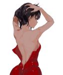  1girl a_k_o absurdres bare_back black_hair brown_eyes dress highres holding holding_hair looking_back nape open-back_dress original red_dress short_dress solo unzipped white_background 
