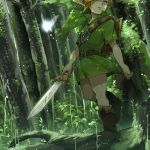  1boy 1girl arms_at_sides belt_buckle blonde_hair blue_eyes boots brown_boots buckle butterfly dappled_sunlight fairy forest gem green green_hat grey_eyes hat holding holding_sword holding_weapon light_particles link looking_away minigirl moss nature navi one_eye_covered outdoors plant po_(poppa-pict) pointy_ears shade shield short_sleeves sunlight sword the_legend_of_zelda the_legend_of_zelda:_ocarina_of_time tree tunic walking weapon 