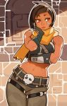  1girl bandaid bare_shoulders belt brown_hair dark_skin gloves highres kinessa light_smile looking_up navel paladins parted_lips red_eyes scarf short_hair solo splashbrush 