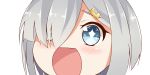  1girl blue_eyes eyebrows eyebrows_visible_through_hair face gradient_eyes hair_between_eyes hair_ornament hair_over_one_eye hairclip hamakaze_(kantai_collection) kantai_collection looking_at_viewer multicolored_eyes one_eye_covered open_mouth short_hair silver_hair simple_background sin-poi solo sparkling_eyes symbol-shaped_pupils white_background 