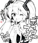  1girl dated finger_to_mouth hatsune_miku kurisu_sai long_hair looking_at_viewer monochrome one_eye_closed simple_background smile solo translation_request twintails vocaloid white_background 