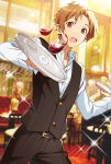  1boy 92_(artist) belt brown_eyes brown_hair cup drinking_glass highres kanihara_sekai looking_at_viewer male_focus original solo sparkle spill tray waistcoat waiter wine_glass zetsubou_no_kotou 