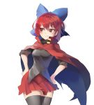  1girl black_legwear blouse bow breasts cape clear_echoes hair_bow hands_on_hips highres medium_breasts miniskirt pleated_skirt red_eyes red_skirt redhead sekibanki short_hair skirt sleeves_rolled_up smile thigh-highs touhou zettai_ryouiki 