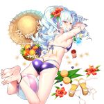  1girl ass ball barefoot beachball between_legs bikini braid breasts character_request drink flower food fruit fruit_bowl giuniu hat large_breasts light_blue_hair looking_at_viewer looking_back lotion naughty_face official_art orange original shoes_removed silver_hair smile solo straw_hat sunscreen swimsuit transparent_background uchi_no_hime-sama_ga_ichiban_kawaii yellow_eyes 