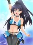  1girl antenna_hair armlet black_hair breasts choker cleavage fang fingerless_gloves ganaha_hibiki gloves highres idolmaster jewelry kaiga long_hair midriff navel outstretched_arm pantyhose ponytail solo 