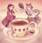  2girls animal_ears barefoot bowl bowl_hat buck_teeth closed_eyes cup floral_print grey_hair hat highres minigirl mouse_ears mouse_tail multiple_girls nazrin open_mouth orz_(kagewaka) plate purple_hair short_hair smile sugar_cube sukuna_shinmyoumaru tail tea teacup touhou 