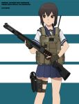  1girl black_hair brown_eyes character_name erika_kurosaka fubuki_(kantai_collection) gloves gun kantai_collection long_hair low_ponytail mossberg_500 school_uniform serafuku shotgun standing vest weapon 