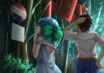  1boy 1girl adapted_costume artist_self-insert bare_arms belt blue_dress blue_eyes blue_hair brown_hair bus_stop cirno commentary_request cowboy_shot denim dress finger_to_mouth forest from_behind hair_ribbon hand_on_hip hand_on_own_head highres jeans kirimori_toya looking_to_the_side looking_up nature no_wings pants ribbon short_hair short_sleeves sleeveless sleeveless_dress torii touhou 