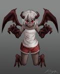  1girl bare_shoulders claw_pose collarbone dark_skin demon_girl demon_horns demon_wings fangs grey_background grey_hair horns looking_at_viewer monster_girl open_mouth original personification ray-k red_eyes red_shorts shirt short_hair shorts signature simple_background solo tank_top teeth white_shirt wings 