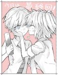  2girls akuma_no_riddle arm_grab azuma_tokaku blue_eyes blush cellphone cellphone_charm cellphone_strap closed_eyes embarrassed flip_phone hand_on_another&#039;s_face head_on_head heart ichinose_haru looking_at_another minakata_sunao monochrome multiple_girls necktie official_art phone pink_hair short_hair smile spot_color translated twintails yuri 
