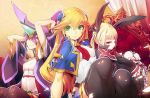  3girls :&lt; artist_request black_legwear blazblue blazblue:_central_fiction blonde_hair breasts cape capelet detached_sleeves green_eyes hair_between_eyes hair_ribbon hairpods horn legs_together long_hair mikado_(blazblue) miniskirt multiple_girls noel_vermillion official_art purple_hair rachel_alucard red_eyes ribbon sitting skirt small_breasts smile thigh-highs throne twintails wide_sleeves zettai_ryouiki 