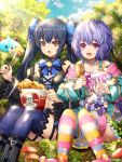  2girls akudaijin bare_shoulders beluga_dolphin black_hair blush braid breasts choker cleavage dogoo eating hair_ornament highres long_hair looking_at_viewer multiple_girls neptune_(series) noire open_mouth purple_hair pururut red_eyes ribbon smile stuffed_toy twintails very_long_hair 