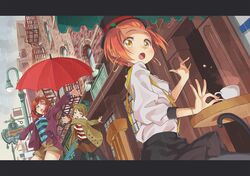  3girls awning black_legwear black_skirt brick_wall brown_hair coffee_cup earrings fire_escape hat hello_hoshi_wo_kazoete hoshizora_rin jacket jewelry koizumi_hanayo lamppost looking_at_viewer love_live! love_live!_school_idol_project multiple_girls nail_polish nishikino_maki open_mouth orange_hair outdoors outstretched_arms pantyhose rain red_umbrella redhead shirt short_hair shorts skirt striped striped_shirt suspenders table top_hat umbrella violet_eyes white_shirt window yellow_eyes 