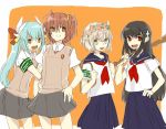  4girls arm_hug bat black_hair brown_hair demon_archer fate/grand_order fate_(series) female_protagonist_(fate/grand_order) flower green_hair hair_flower hair_ornament head_wreath kiyohime_(fate/grand_order) long_hair misaka_mikoto_(cosplay) multiple_girls red_eyes sakura_saber saten_ruiko_(cosplay) school_uniform serafuku shirai_kuroko_(cosplay) short_hair short_ponytail side_ponytail to_aru_kagaku_no_railgun to_aru_majutsu_no_index twintails uiharu_kazari_(cosplay) 