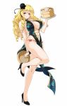  1girl ariel_foch blonde_hair bracelet breasts carrying cleavage drill_hair eyebrows eyebrows_visible_through_hair floral_print full_body hair_ornament high_heels highres jewelry kure_masahiro large_breasts leg_lift long_hair looking_at_viewer navel official_art pelvic_curtain pumps simple_background smile solo tray valkyrie_drive valkyrie_drive_-siren- violet_eyes white_background 