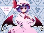  1girl adapted_costume bat_wings blush brooch capelet character_name closed_mouth cowboy_shot dress frilled_shirt_collar frilled_sleeves frills hat hat_ribbon jewelry long_sleeves looking_at_viewer mob_cap neck_ribbon pink_dress pink_eyes puffy_long_sleeves puffy_sleeves purple_hair red_ribbon remilia_scarlet ribbon ribbon-trimmed_sleeves ribbon_trim short_hair smile solo touhou wings you_(noanoamoemoe) 