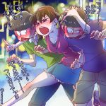  1girl 2boys arm_around_shoulder blue_eyes blush bowl_cut brown_hair casual drunk hairband heart heart_in_mouth matsuno_choromatsu matsuno_ichimatsu multiple_boys night nono_(nonoyamatsu) open_mouth osomatsu-kun osomatsu-san pointing polo_shirt shirt short_twintails skirt t-shirt translation_request triangle_mouth twintails twitter_username walking yowai_totoko 