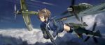  aircraft airplane animal_ears brave_witches brown_eyes brown_hair clouds cockpit flying gun highres karibuchi_hikari machine_gun propeller sailor_collar school_uniform sidneysora sky striker_unit tail textless weapon world_war_ii world_witches_series 