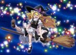  1girl blonde_hair bloomers bow braid broom broom_riding commentary_request hair_bow hat hat_bow kirisame_marisa long_hair looking_at_viewer lunamoon mary_janes one_eye_closed open_mouth shoes short_sleeves side_braid single_braid solo star touhou underwear witch_hat yellow_eyes 