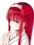  1girl blue_eyes blush closed_mouth hairband hands_together highres i.f.s.f japanese_clothes long_hair looking_at_viewer melty_blood portrait redhead sidelocks simple_background smile solo tohno_akiha tsukihime vermillion_akiha white_background white_hairband 
