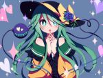  1girl alternate_hair_length alternate_hairstyle bare_shoulders black_hat blue_rose blush bow eyeball flower frilled_sleeves frills green_eyes green_hair hands_clasped hat hat_bow hat_flower heart heart_background heart_of_string komeiji_koishi long_hair long_sleeves looking_at_viewer off-shoulder_shirt open_mouth rose shirt sidelocks solo sparkle third_eye touhou upper_body wide_sleeves yellow_bow yellow_shirt you_(noanoamoemoe) 