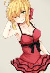  1girl ahoge armpits bangs bare_shoulders black_bow blonde_hair blush bow braid breasts camisole cleavage collarbone cowboy_shot eyebrows eyebrows_visible_through_hair fate/extella fate/extra fate/extra_ccc fate_(series) french_braid green_eyes hair_intakes hair_ribbon hand_on_own_head jirou_(tamaho39) medium_breasts one_eye_closed ribbon saber_extra short_hair sidelocks simple_background solo type-moon 