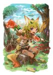  1girl animal_ears armpits axe blonde_hair blue_eyes blurry boned_meat boots canteen city clouds commentary depth_of_field fantasy fingerless_gloves flower food fox_ears fox_tail gloves grass happy knee_boots knife kyuusugi_toku leaf leaning_forward looking_at_viewer meat midriff mushroom navel original outstretched_arm pouch reaching_out scarf short_hair short_shorts shorts side_braids sitting sky smile solo tail thigh_strap tree unbuttoned weapon 
