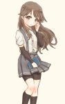  1girl arashio_(kantai_collection) arm_warmers bike_shorts blush book brown_eyes brown_hair kantai_collection long_hair looking_at_viewer nuno_(pppompon) pleated_skirt school_uniform skirt solo suspenders white_background 