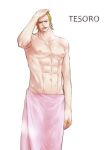  1boy abs earrings gild_tesoro green_hair jewelry one_piece one_piece_film_gold open_mouth ring river_ls shirtless simple_background solo towel white_background 