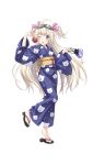  ahoge blonde_hair blue_eyes formation_girls goggles goggles_on_head highres japanese_clothes kimono long_hair looking_at_viewer official_art one_eye_closed open_mouth sandals yukata 
