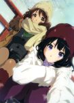  2girls absurdres beanie black_hair branch brown_hair coat fur-trimmed_coat hat hibike!_euphonium highres kousaka_reina light_frown multiple_girls official_art oumae_kumiko pantyhose purple_legwear scan scarf smile snowing violet_eyes white_coat winter_clothes yellow_eyes 