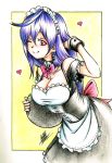  1girl alternate_costume apron blue_hair blush breasts cleavage enmaided heart highres iris_heart isaki_tanaka long_hair looking_at_viewer maid maid_apron maid_headdress neptune_(series) one_eye_closed pururut red_eyes smile solo symbol-shaped_pupils very_long_hair 