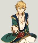  1boy ahoge alternate_costume arabian_clothes beckoning blonde_hair brown_eyes earrings ensemble_stars! grey_background hakaze_kaoru jewelry looking_at_viewer male_focus necklace off_shoulder outstretched_hand puchipu simple_background sitting smile solo 