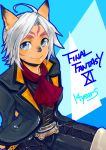  1girl animal_ears blue_eyes cat_ears cat_nose coat copyright_name doraeshi facial_mark final_fantasy final_fantasy_xi highres looking_at_viewer mithra neckerchief short_hair smile solo thigh-highs white_hair 