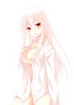  1girl ayasato_karen bottomless breasts cleavage collarbone dress_shirt eyebrows eyebrows_visible_through_hair hair_between_eyes highres large_breasts long_hair looking_at_viewer naked_shirt original partially_unbuttoned red_eyes shirt silver_hair simple_background solo white_background white_shirt 