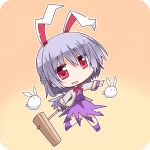  1girl animal_ears blush braid chibi dress french_braid gradient gradient_background hemogurobin_a1c jacket kine kishin_sagume long_sleeves purple_dress rabbit rabbit_ears red_eyes silver_hair single_wing touhou wings 