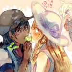  1boy 1girl baseball_cap black_hair blonde_hair blush braid dark_skin dark_skinned_male eating gladio_(pokemon) hat head_to_head highres kash-phia lillie_(pokemon) long_hair male_protagonist_(pokemon_sm) pokemon pokemon_(game) pokemon_sm sharing_food short_hair sun_hat tan twin_braids 