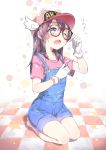  1girl absurdres adjusting_glasses barefoot blue_eyes checkered checkered_floor clothes_writing dr._slump glasses gloves hat highres long_hair norimaki_arale one_eye_closed open_mouth purple_hair seiza short_sleeves sitting solo white_gloves 
