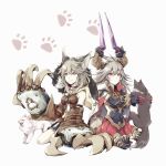  2girls animal_ears asuna_(doruru-mon) bangs breasts cat claw_(weapon) doraf erun_(granblue_fantasy) granblue_fantasy grey_hair hair_between_eyes highres horns kneeling large_breasts long_hair multiple_girls red_eyes sarasa_(granblue_fantasy) sen_(granblue_fantasy) silver_hair weapon 