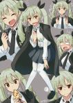  /\/\/\ 1girl anchovy bangs belt black_shoes black_skirt blush cape closed_eyes closed_mouth crying dress_shirt drill_hair eating expressions food full_body girls_und_panzer green_hair grey_background hair_ribbon highres holding loafers long_hair long_sleeves looking_at_viewer miniskirt multiple_views necktie necktie_grab neckwear_grab open_mouth pantyhose pizza pleated_skirt red_eyes ribbon riding_crop school_uniform shirt shoes simple_background skirt smile standing sweat twin_drills twintails twitter_username white_legwear white_shirt yuuma_(noel) 