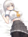  1girl blue_eyes breasts commentary eyebrows eyebrows_visible_through_hair eyes_visible_through_hair gloves hair_ornament hair_over_one_eye hairclip hamakaze_(kantai_collection) hand_on_own_stomach kantai_collection kfr large_breasts looking_at_viewer lying neckerchief on_back on_bed panties pantyhose pantyshot pantyshot_(lying) pleated_skirt shadow short_hair short_sleeves silver_hair skirt solo underwear white_gloves 