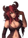  &gt;:| 1girl angry bare_shoulders breasts claws cleavage demon_girl detached_sleeves hand_on_own_face highres horns jewelry large_breasts long_hair looking_at_viewer magical_girl_dallas monorus navel pendant pointy_ears redhead simple_background solo upper_body white_background yellow_eyes 