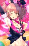  1girl arm_up armpits bare_shoulders black_gloves blush bow breasts cleavage earrings gloves hair_bow hand_on_hip hat heart heart_earrings idolmaster idolmaster_cinderella_girls jewelry jougasaki_mika midriff navel one_eye_closed open_mouth pendant pink_hair short_hair solo toho_(kihon_ha_yappa) twintails yellow_eyes 