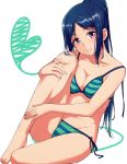  1girl barefoot bikini blue_hair blush breasts cleavage closed_mouth collarbone groin head_tilt heart highres long_hair looking_at_viewer love_live! love_live!_sunshine!! matsuura_kanan medium_breasts nanotsuki ponytail simple_background sitting smile solo striped striped_bikini swimsuit very_long_hair violet_eyes wet wet_hair white_background 
