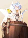  1girl :p alcohol animal_ears barrel beer beer_mug belt blue_hair blush boots cat_ears cat_tail highres one_eye_closed original ryota_tentei scar shorts sitting sitting_on_object tail tongue tongue_out tora_tentei winking 