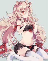  1girl aireen_(show_by_rock!!) animal_ears arm_ribbon bare_shoulders blonde_hair blush bow bra breasts hair_between_eyes hair_ornament hairclip lion_ears lion_tail long_hair navel red_eyes ribbon show_by_rock!! small_breasts solo tail thigh-highs underwear very_long_hair 